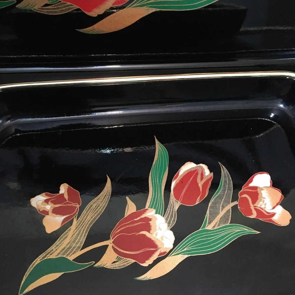 2 Vintage Asian Style Black Laquer Floral Trays with Tulip Florals